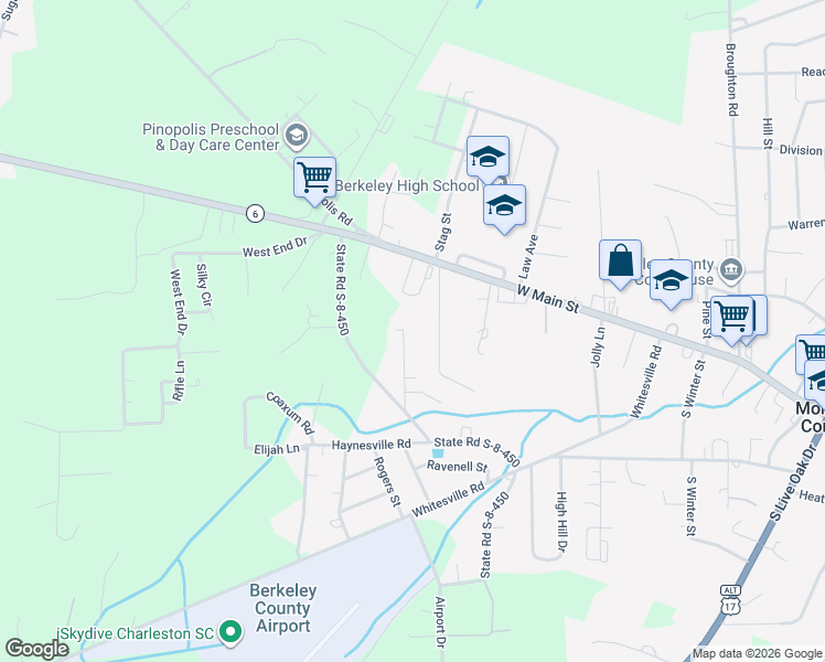 map of restaurants, bars, coffee shops, grocery stores, and more near 218 Trivers Drive in Moncks Corner