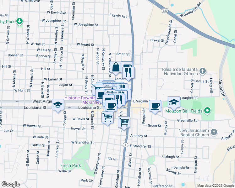 map of restaurants, bars, coffee shops, grocery stores, and more near 301 North Chestnut Street in McKinney