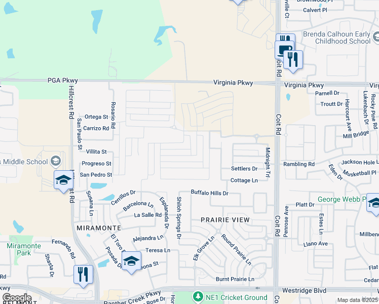 map of restaurants, bars, coffee shops, grocery stores, and more near 12500 Rockhill Parkway in Frisco