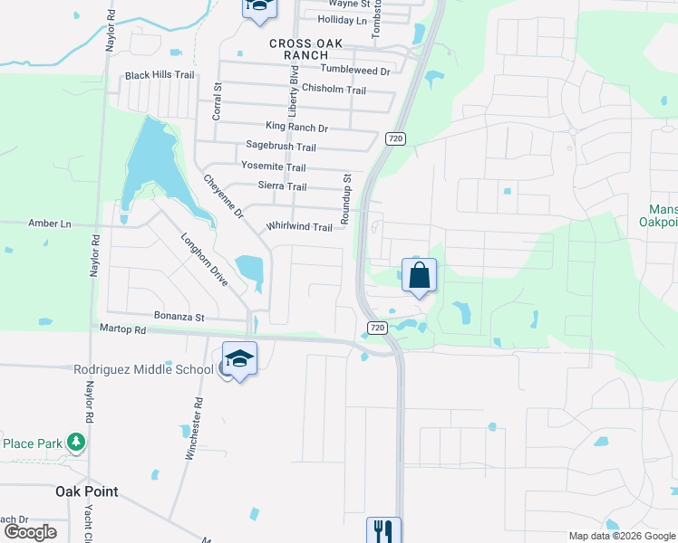 map of restaurants, bars, coffee shops, grocery stores, and more near 1309 Silver Lane in Aubrey