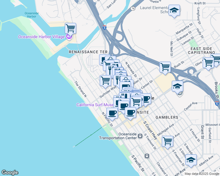 map of restaurants, bars, coffee shops, grocery stores, and more near 691 Windward Way in Oceanside