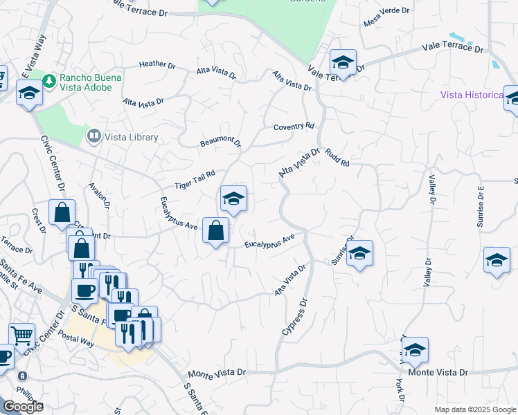 map of restaurants, bars, coffee shops, grocery stores, and more near 470 Hillway Drive in Vista