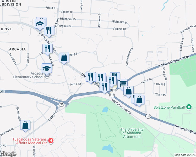 map of restaurants, bars, coffee shops, grocery stores, and more near 4215 Hillsboro Drive in Tuscaloosa