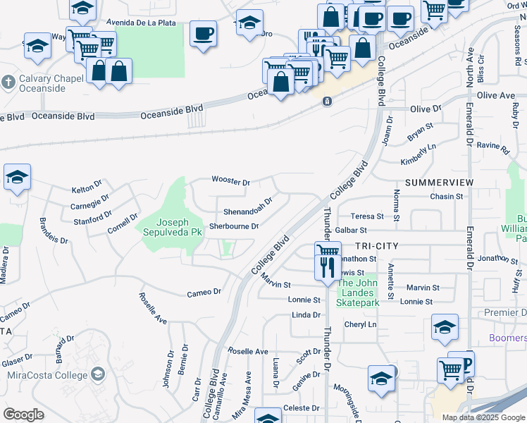 map of restaurants, bars, coffee shops, grocery stores, and more near 3966 Shenandoah Drive in Oceanside