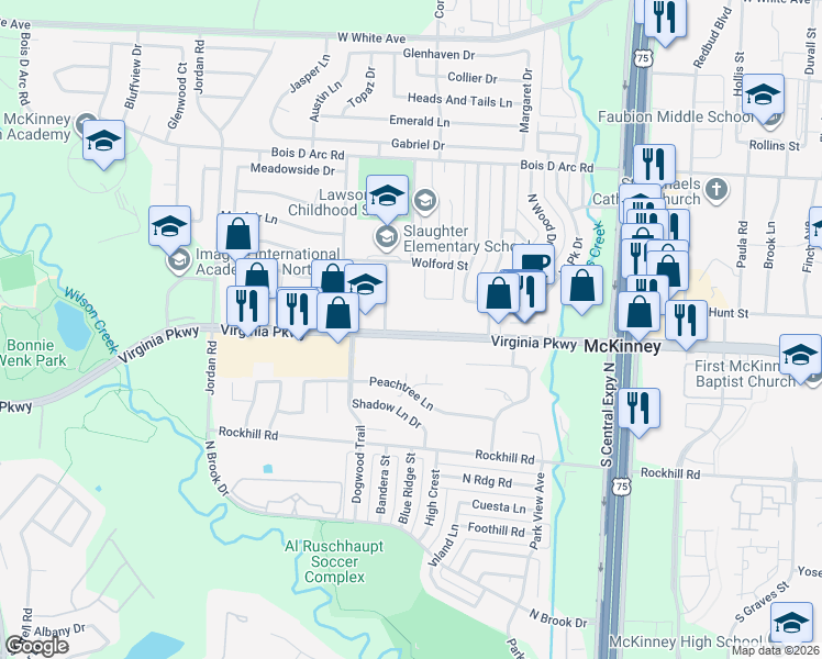 map of restaurants, bars, coffee shops, grocery stores, and more near 2520 Virginia Parkway in McKinney