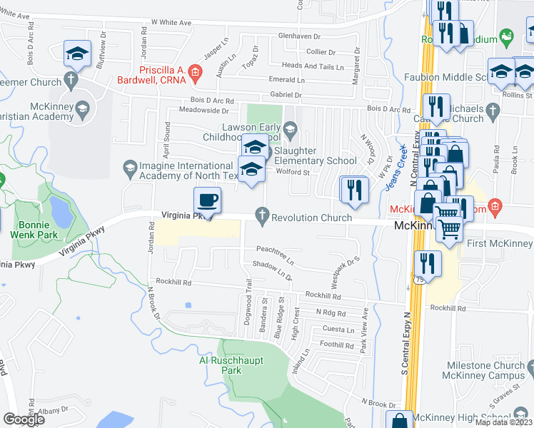 map of restaurants, bars, coffee shops, grocery stores, and more near 2698 Virginia Parkway in McKinney