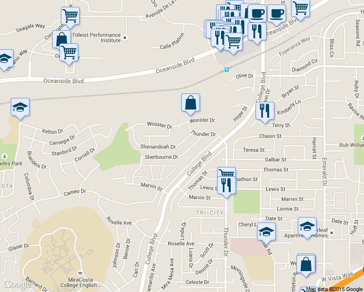 map of restaurants, bars, coffee shops, grocery stores, and more near 3966 Shenandoah Drive in Oceanside