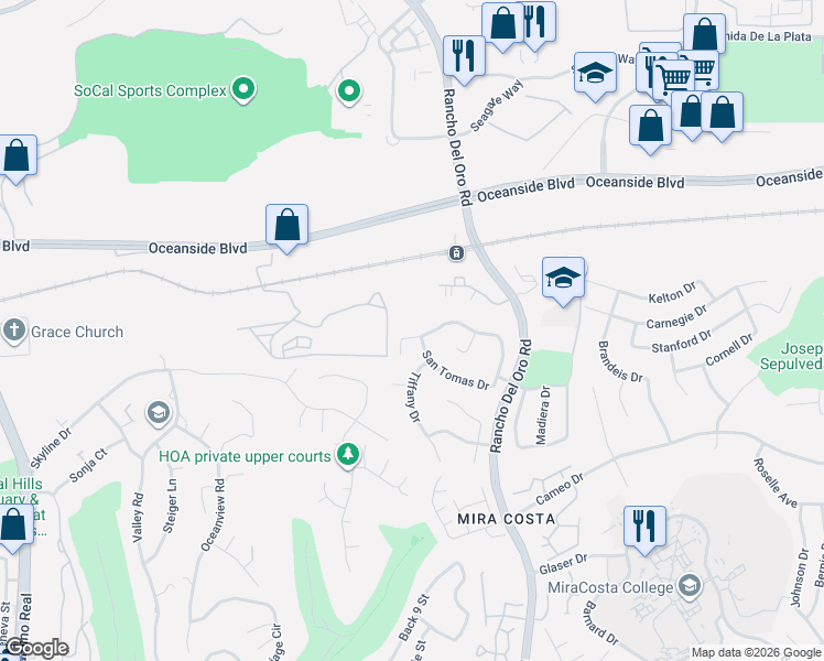 map of restaurants, bars, coffee shops, grocery stores, and more near 3156 San Helena Drive in Oceanside