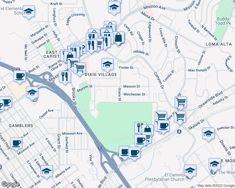 map of restaurants, bars, coffee shops, grocery stores, and more near 2003 Maxson Street in Oceanside