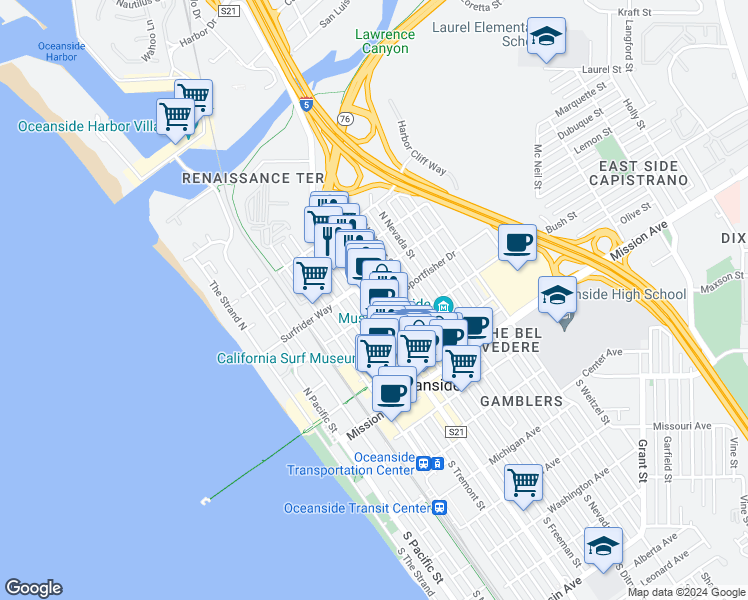 map of restaurants, bars, coffee shops, grocery stores, and more near 510 North Freeman Street in Oceanside