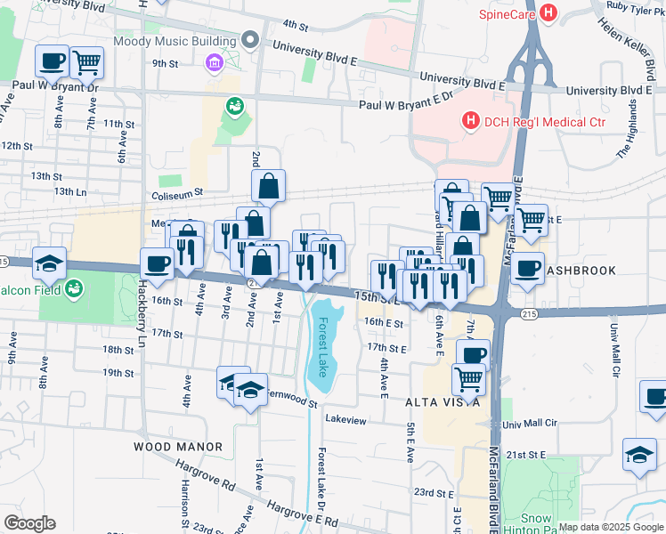map of restaurants, bars, coffee shops, grocery stores, and more near 210 15th Street East in Tuscaloosa