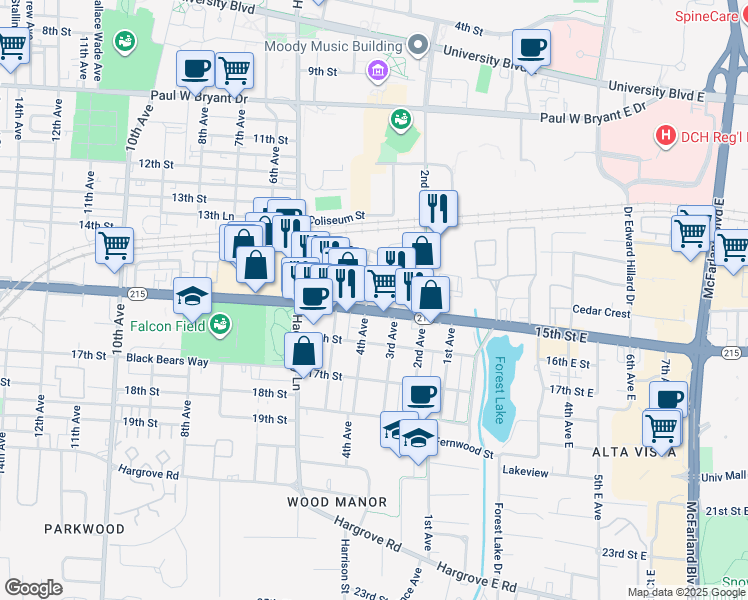 map of restaurants, bars, coffee shops, grocery stores, and more near 1420 Cloverdale Road in Tuscaloosa