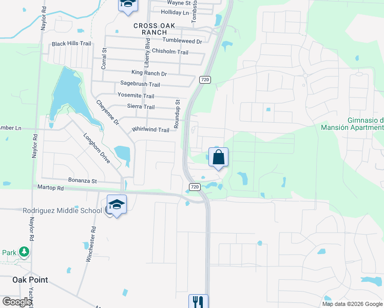 map of restaurants, bars, coffee shops, grocery stores, and more near 3407 Farm to Market Road 720 in Little Elm