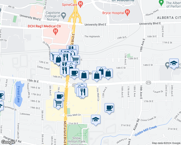 map of restaurants, bars, coffee shops, grocery stores, and more near 1421 Southern Gardens Drive in Tuscaloosa