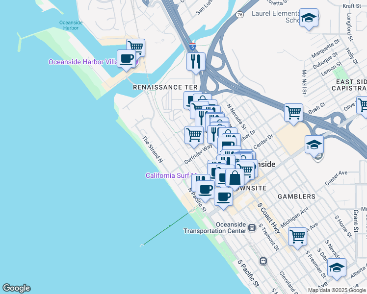 map of restaurants, bars, coffee shops, grocery stores, and more near 741 Sea Cottage Way in Oceanside