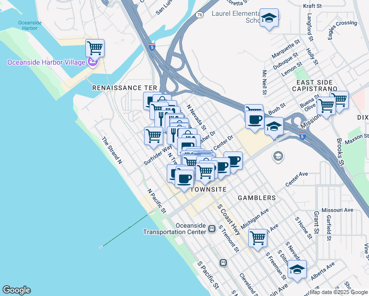 map of restaurants, bars, coffee shops, grocery stores, and more near 510 North Freeman Street in Oceanside