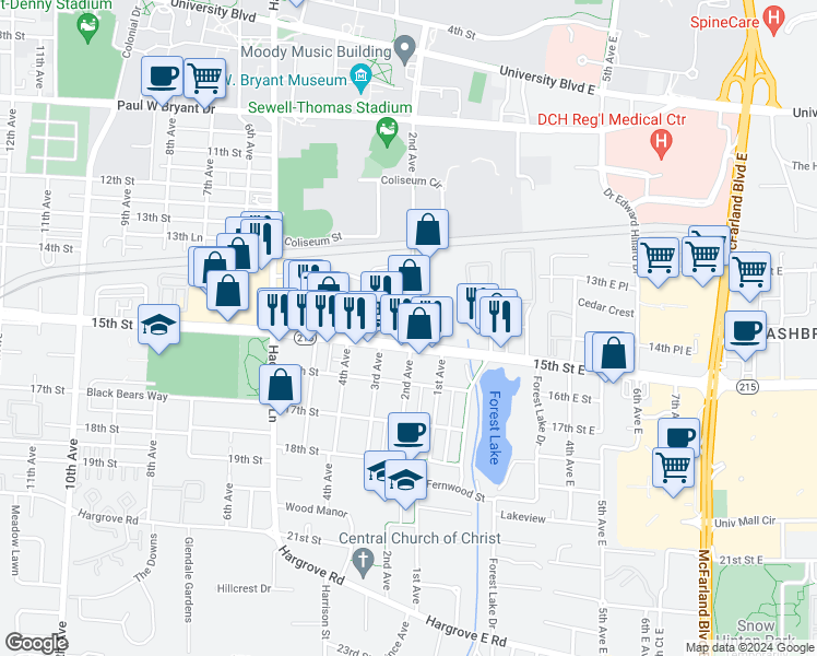 map of restaurants, bars, coffee shops, grocery stores, and more near 210 15th Street in Tuscaloosa