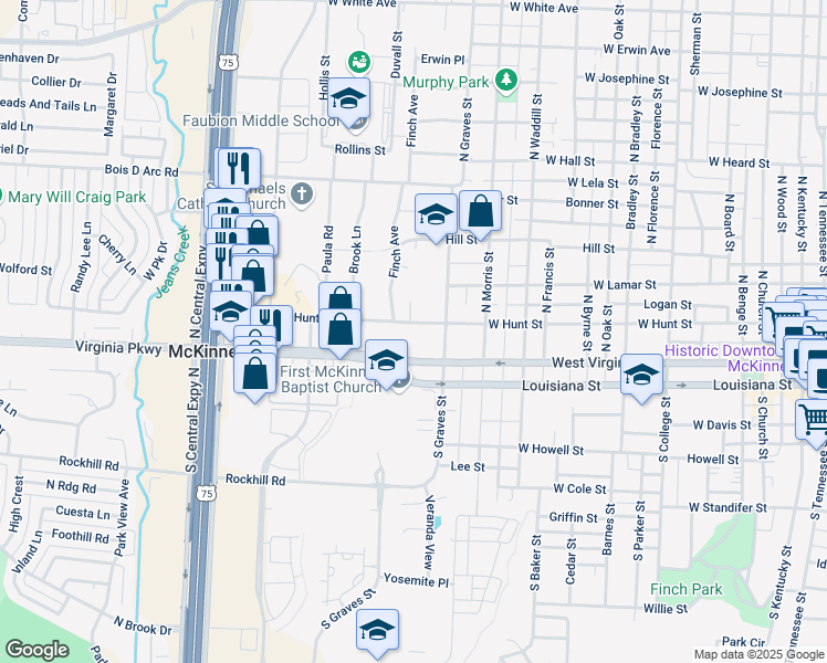 map of restaurants, bars, coffee shops, grocery stores, and more near 602 Finch Avenue in McKinney