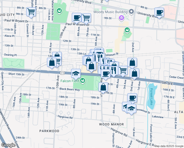 map of restaurants, bars, coffee shops, grocery stores, and more near 1514 6th Avenue in Tuscaloosa