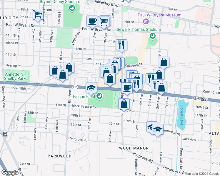 map of restaurants, bars, coffee shops, grocery stores, and more near 632 15th Street in Tuscaloosa