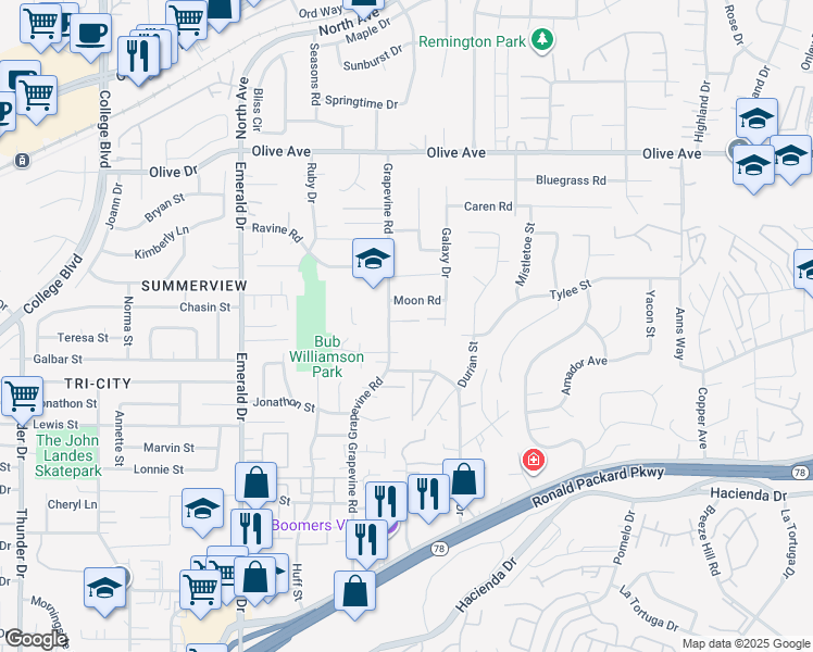 map of restaurants, bars, coffee shops, grocery stores, and more near 1462 Moon Road in Vista