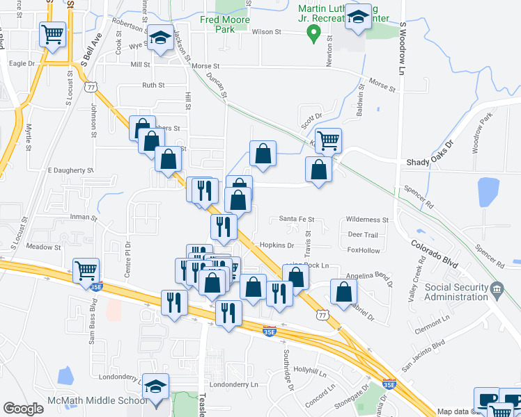 map of restaurants, bars, coffee shops, grocery stores, and more near 1012 Shady Oaks Drive in Denton
