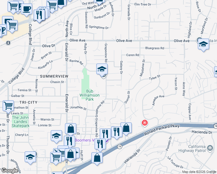map of restaurants, bars, coffee shops, grocery stores, and more near 577 Grapevine Court in Vista