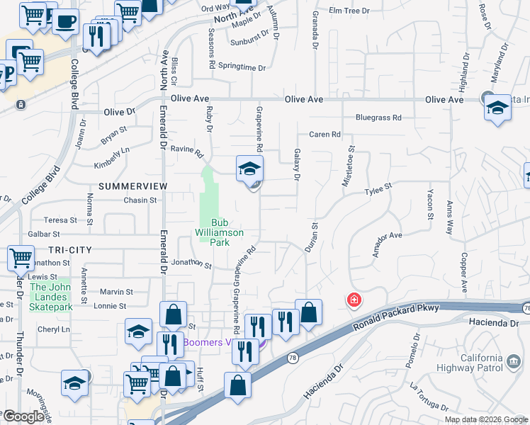 map of restaurants, bars, coffee shops, grocery stores, and more near 577 Grapevine Court in Vista