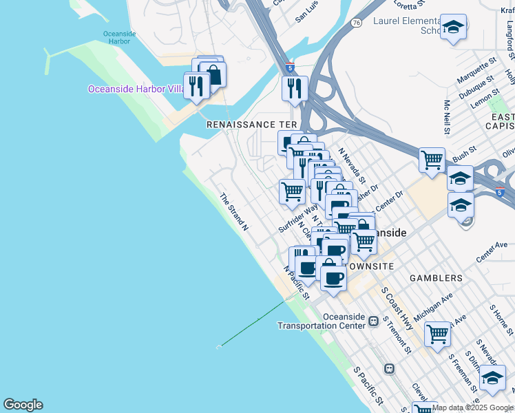 map of restaurants, bars, coffee shops, grocery stores, and more near 718 North Pacific Street in Oceanside
