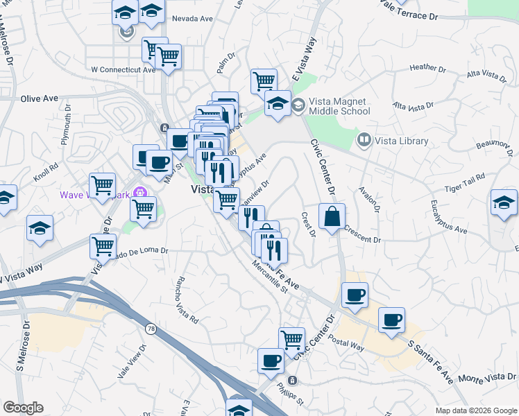 map of restaurants, bars, coffee shops, grocery stores, and more near 431 Oceanview Drive in Vista