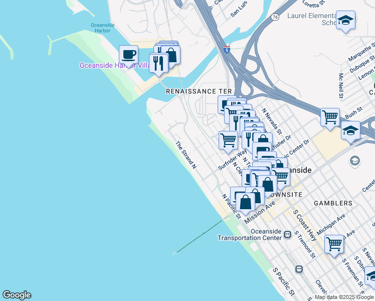 map of restaurants, bars, coffee shops, grocery stores, and more near 804 The Strand North in Oceanside