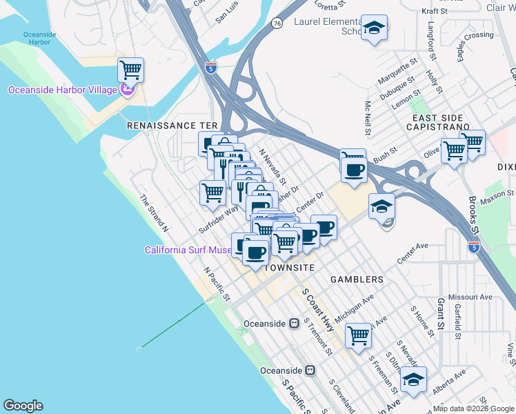 map of restaurants, bars, coffee shops, grocery stores, and more near 508 Sportfisher Drive in Oceanside