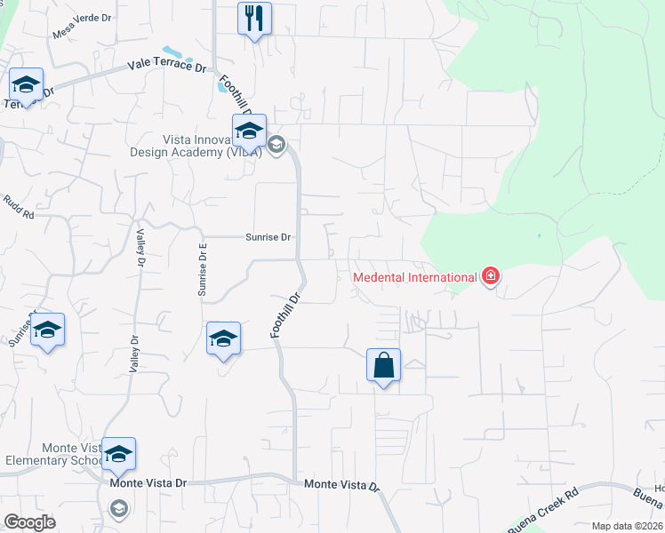 map of restaurants, bars, coffee shops, grocery stores, and more near 2552 Foothill Drive in Vista