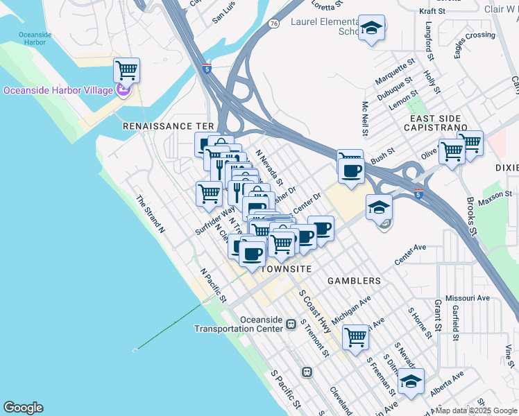 map of restaurants, bars, coffee shops, grocery stores, and more near 505 North Freeman Street in Oceanside