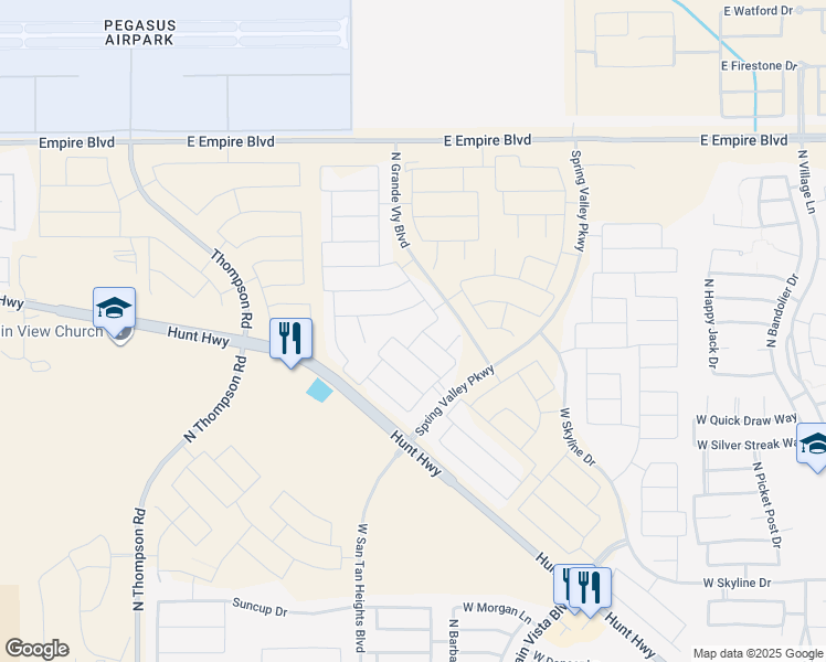 map of restaurants, bars, coffee shops, grocery stores, and more near 3736 West Dark Sky Road in Queen Creek