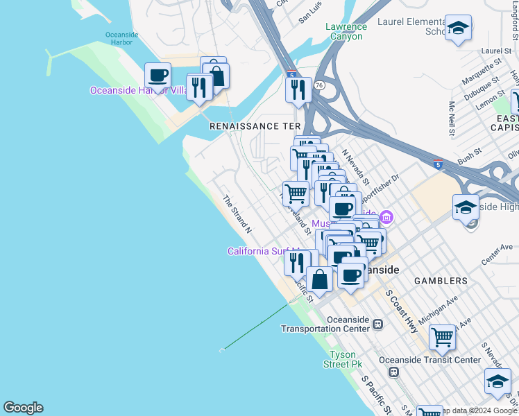 map of restaurants, bars, coffee shops, grocery stores, and more near 718 North Pacific Street in Oceanside