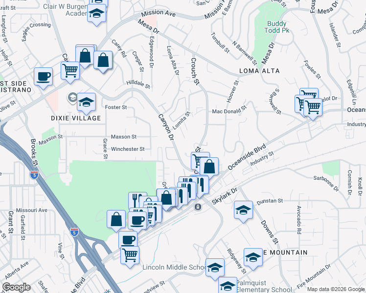 map of restaurants, bars, coffee shops, grocery stores, and more near 440 Canyon Drive in Oceanside