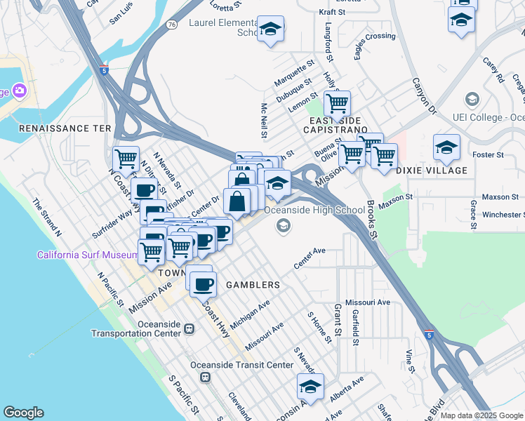 map of restaurants, bars, coffee shops, grocery stores, and more near 1040 Mission Avenue in Oceanside