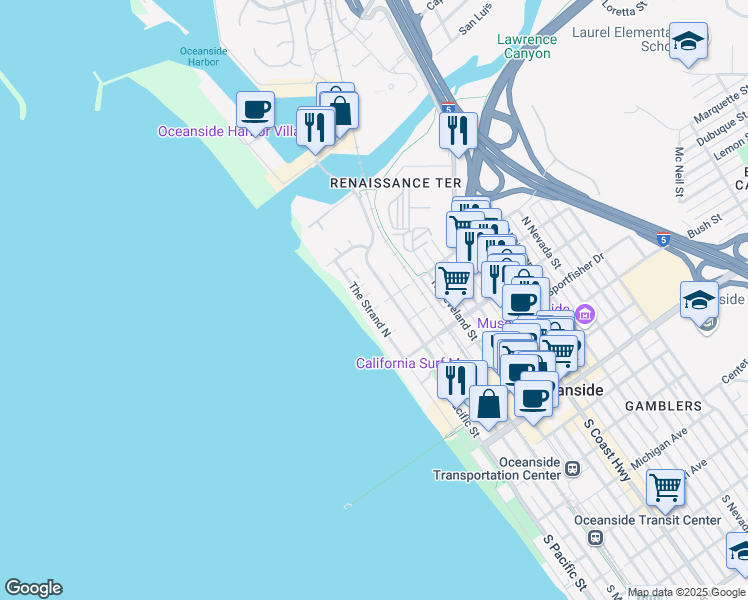 map of restaurants, bars, coffee shops, grocery stores, and more near 804 The Strand North in Oceanside