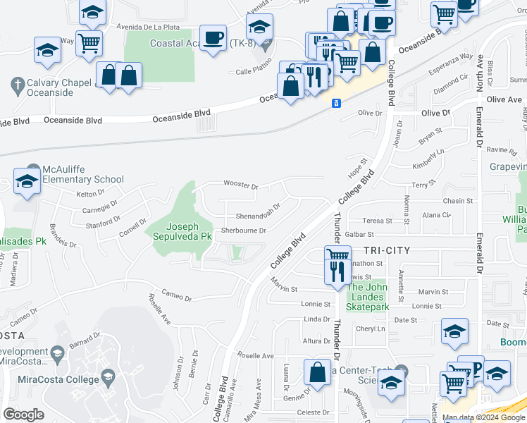 map of restaurants, bars, coffee shops, grocery stores, and more near 3952 Shenandoah Drive in Oceanside