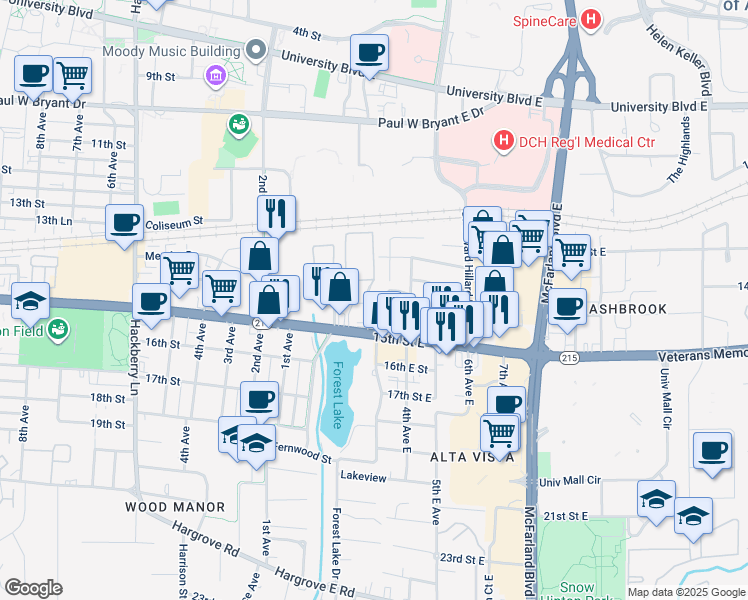map of restaurants, bars, coffee shops, grocery stores, and more near 312 Cedar Crest in Tuscaloosa
