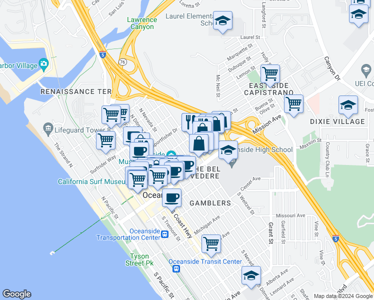 map of restaurants, bars, coffee shops, grocery stores, and more near 310 North Clementine Street in Oceanside