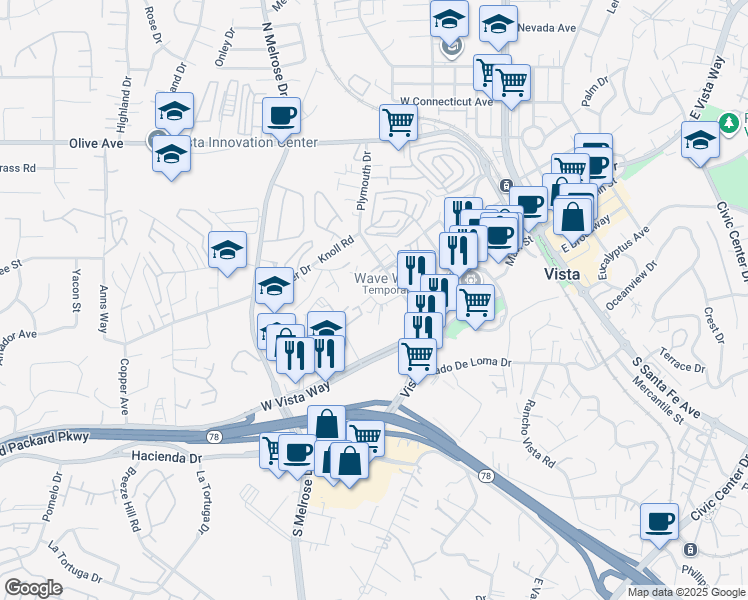 map of restaurants, bars, coffee shops, grocery stores, and more near 163 Walker Way in Vista