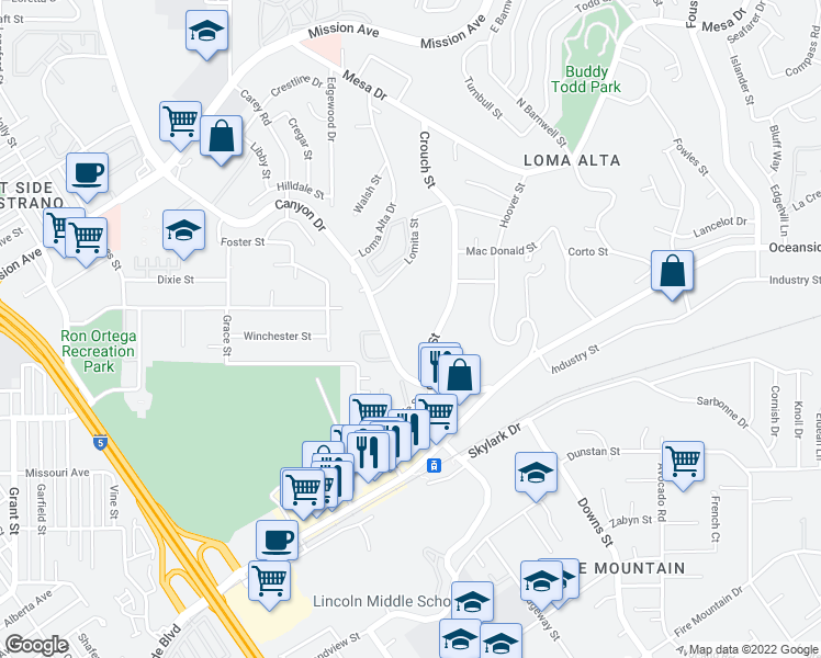 map of restaurants, bars, coffee shops, grocery stores, and more near 541 Crouch Street in Oceanside