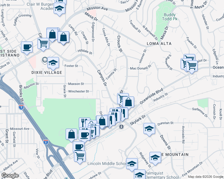 map of restaurants, bars, coffee shops, grocery stores, and more near 440 Canyon Drive in Oceanside