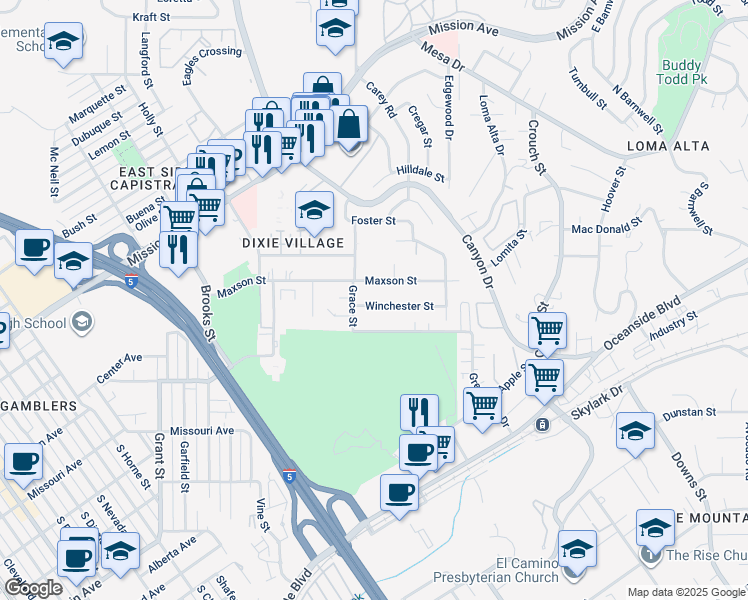 map of restaurants, bars, coffee shops, grocery stores, and more near 2003 Maxson Street in Oceanside