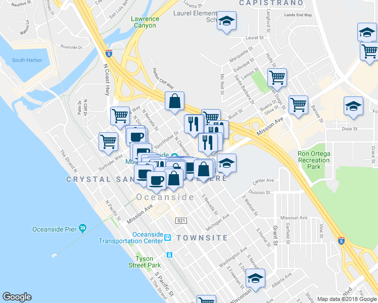 map of restaurants, bars, coffee shops, grocery stores, and more near 402 North Clementine Street in Oceanside