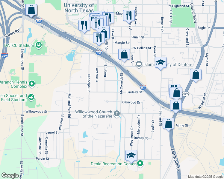 map of restaurants, bars, coffee shops, grocery stores, and more near 1525 Knight Street in Denton