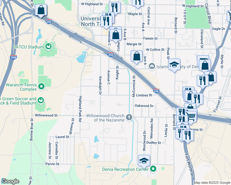 map of restaurants, bars, coffee shops, grocery stores, and more near 1505 Avenue C in Denton