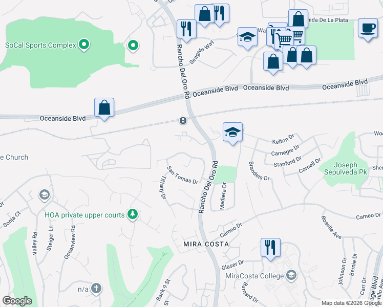 map of restaurants, bars, coffee shops, grocery stores, and more near 3258 San Helena Drive in Oceanside